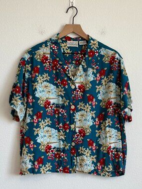 Vintage 90s Tropical Teal Hibiscus Rayon Camp Shirt XL Coastal Grandma Boho